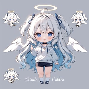 (chibi:1.3), masterpiece, made by a master, 4k, perfect anatomy, perfect details, best quality, high quality, lots of detail.
(solo),1girl, ((angel)), ((white hair)), (long hair:1.3), (two side up), blue eyes,  (curly hair:1.2), (wavy hair), (hair curls), (bangs), (two side up), two ((blue)) hair ties on head, (Double golden halo on her head), choker, ((angel wings)), ahoge, fang, fantai12, (Gray long sleeve hooded top), Black long pants, white socks, single, looking at viewer, ((thumbs up)), (full body) ,Emote Chibi. cute comic,simple background, flat color, Cute girl,dal,Chibi Style,lineart, fantai12, expression