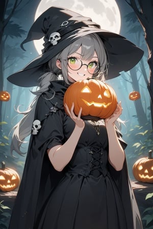 1girl, solo, (gray hair), green eyes, ahoge, (low-pigtail hairs:1.2), (black round frame glasses:1.2), (Witch hat), (Witch cloak), Witch dress, (cute pose), cobweb, (skull), pumpkin lantern, moon, blush, (In the forest at night), (eyes highlight), standing, ((upper body)), very beautiful girl, crazy smiling, slightly angry, himecut hairstyle, masterpiece quality, stunning image, masterpiece, 8K, stunning image, light particles, attractive image, reflections,  \medium\,Beautiful eyes,