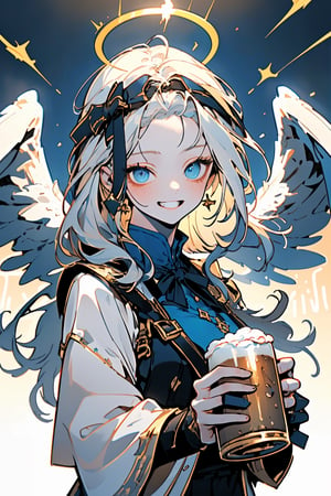 (masterpiece, best quality, highres:1.3), ultra resolution image, niji, sketch, manga, 1girl, upper body, holding_cup, beer, cafe, grin, angel, with sliver long curly hair, blue eyes, two blue ribbons on her hair, (Double golden halo on her head), angel wings, pale_skin, pirates,
