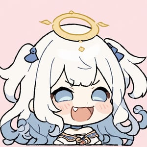 chibi, sd, masterpiece, made by a master, 4k, perfect anatomy, perfect details, best quality, high quality, lots of detail.
1girl, (angel), (white hair), long curly hair, (two side up), blue eyes,  (curly hair:1.2), (wavy hair), (hair curls), (bangs), (two side up), two (blue) hair ties on head, (Double golden halo on her head), choker, ((angel wings)), ahoge, White dress with blue trim, single, looking at camera, smiling, fang, happy, slightly angry, chibi, Emote Chibi.
simple background, Line,cute comic,simple background, flat color,chibi,Cute girl,dal,Emote Chibi