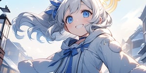 Anime-style illustration depicting a Japanese winter sky scene. A clear winter sky. A young girl,1angel, (white hair), long curly hair, blue eyes, (two blue ribbons on her hair), (Double golden halo on her head), ((angel wings)), ponytail, dress, cute outfit, best smile, running, cute face, wearing a choker and a hooded winter coat. The perspective is from below, focusing on the girl, the street lamp against the clear winter sky.
