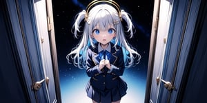 (masterpiece), full body:1.1, 1girl, (angel), white hair, long curly hair, two side up,blue eyes, two blue ribbons on her hair, (Double golden halo on her head), choker, ((angel wings)), solo, negative space, (starry sky background, standing), cinematic angle, side angle, from above:1, a girl in a school uniform, cute, black pleated skirt, blue blazer, blue bow in hair, ahoge, simple, facing viewer, manga illustration style, Trying to close the door, closing a door, a white wooden door, A mysterious door, Behind the door is a starry sky, bangs, staring blankly at the camera, surprised expression, open mouth, detailed blue eyes,