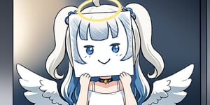 //quality, (masterpiece:1.4), (detailed), ((,best quality,)),//1girl, angel, white hair, long curly hair, (two side up), blue eyes,  (curly hair:1.2), (wavy hair), (hair curls)
, (bangs), (two side up), two blue hair ties on head, (Double golden halo on her head), choker, (angel wings), ahoge, fang,(white T-shirt)//, :>, smiling,//,(holding paper:1.1),//,room, (PaperLikeFace :1.4),PaperLikeFace,