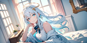vibrant colors, female, masterpiece, sharp focus, best quality, depth of field, cinematic lighting, ((solo, one woman )), (illustration, 8k CG, extremely detailed), masterpiece, ultra-detailed,
1angel, (white hair), long curly hair, blue eyes, (two blue ribbons on her hair), (Double golden halo on her head), angel wings, sweater, cute outfit, Sitting in her room, best smile, cute face, perfect light,1girl white hair blue eyes x hair ornament,masterpiece,