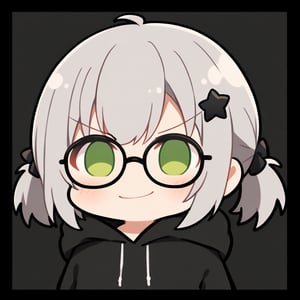 1girl, 1girl, (gray hair), green eyes, (short Twin ponytails:1.2), ahoge, (black round frame glasses:1.2), (black star hairpin), hooded cloak, Hood Down, long sleeve shirt top,Short skirt, boots, solo, (chibi, head only), blush, (close-up portrait), (smug face), Upper Body, (Focus on face), simple white background,