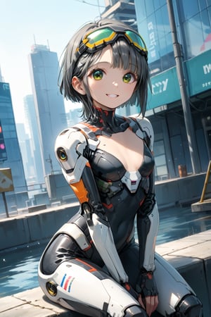 1girl, (gray hair), green eyes, (short hair), (Flat bangs), (short ponytail:1.2), (Safety Goggles:1.2), (wearing armored suit), (cyberpunk style), tight clothes, (happy), (outdoor), (eyes highlight), very beautiful girl, very cute face, (Medium chest), proud expression, :), sitting, cute pose, headtilt, masterpiece quality, masterpiece, 8K, stunning image, light particles, attractive image, reflections, Dutch Angle Shot,Beautiful eyes,