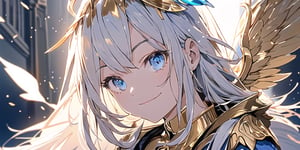1girl, angel, with sliver long curly hair, blue eyes, two blue ribbons on her hair, (Double golden halo on her head), angel wings, perfecteyes, mage clothing, evil smirk,perfect light,portrait