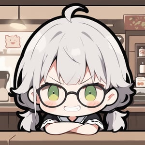 1girl, solo, (gray hair), green eyes, ahoge, (low-pigtail hairs:1.2), (black round frame glasses:1.2), (Arms Crossed), (Japanese Taisho maid costume:1.2), , blush, (In a Japanese cafe), (eyes highlight), standing, ((upper body)), very beautiful girl, crazy smiling, slightly angry, himecut hairstyle, solo, (chibi), (Focus on face), chibi style