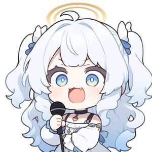 (chibi style), {{{masterpiece}}}, {{{best quality}}}, {{ultra-detailed}}, {beautiful detailed eyes}. 1girl, angel, white hair, long curly hair, (two side up), blue eyes,  (curly hair:1.2), (wavy hair), (hair curls), (bangs), (two side up), two blue hair ties on head, (Double golden halo on her head), choker, angel wings, ahoge, fang, (white T-shirt), (rapping), (black sunglasses), (microphone), upper body,chibi emote style,chibi,emote, cute,Emote Chibi,anime,cute comic,