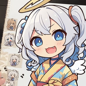 (chibi:1.3), masterpiece, made by a master, 4k, perfect anatomy, perfect details, best quality, high quality, lots of detail.
(solo), 1girl, angel, white hair, long curly hair, (two side up), blue eyes, (curly hair:1.2), (wavy hair), (hair curls), (bangs), (two side up), two blue hair ties on head, (Double golden halo on her head), bowtie choker, angel wings, ahoge, fang, (cute yukata, colorful yukata), smiling, single, (((>_<:1.4))), (upper body) ,Emote Chibi. cute comic,simple background, flat color, Cute girl,dal,Chibi Style,lineart,comic book,