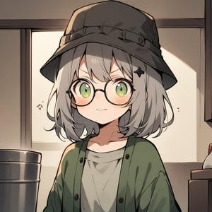 1girl, (gray hair), green eyes, medium hair, (bucket hat:1.2), (black round frame glasses:1.2), (black star hairpin), (light top), collarbone, (Sweater Jacket), cotton pants, Off-shoulder, (happy), (in room), indoor, (eyes highlight), standing, ((upper body)), very beautiful girl, Sleepy eyes, closed mouth, :), slightly angry, himecut hairstyle, solo, (chibi), (Focus on face),((Chibi character))