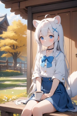 1girl, stoat girl, solo,  ((white hair)), very long hair, blue eyes, (straight hair), (bangs), animal ears, (stoat ears:1.2),
 Choker, ahoge, yaeba, (big white stoat Tail:1.2), (blue X hairpin), An animated animated girl with blue eyes is sitting on a wooden bench. She is wearing a short blue skirt with a white shirt and a blue bow tie. There is a small white cup of coffee on the bench in front of her. Behind her is a green lawn with small white flowers on it. A tree with yellow leaves is on the left side of the bench. Behind the tree is a wooden door with a black handle. Blurry background, detailed image, detailed skin, stunning image, 8k, proffesional style, luxurious room in background, ((masterpiece: 1.2)), light particles. Masterpiece, stunning image, professional style