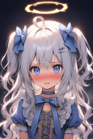  1girl, angel, white hair, long curly hair, (two side up), blue eyes, two blue bows on head, (Double golden halo on her head), choker, (angel wings on back), ahoge, , solo, blush, open mouth, lolita_fashion, middle chest, tiny body, (halloween costumes), upper body, sweat, embarrassed,