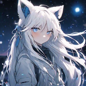 1girl, stoat girl, solo,  ((white hair)), very long hair, blue eyes, (straight hair), (bangs), animal ears, (stoat ears:1.2),
 Choker, ahoge, yaeba, (big white stoat Tail:1.2), (blue X hairpin), beautiful, long hair,casual outfit, outdoors, looking at viewer, medium hair, close view,starry sky, sky, night,,noc-space,anime