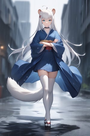 1girl, stoat girl, solo,  ((white hair)), very long hair, blue eyes, (straight hair), (bangs), animal ears, (stoat ears:1.2),
 Choker, ahoge, yaeba, (big white stoat Tail:1.2), (blue X hairpin), very beautiful girl, looking at viewer, /(perfect anatomy)/, kimono, crossing arms, dynamic pose (walking), full body, skirt, stockings, beautiful eyes, total heterochromia, frowning, background battlefield, slightly blurred background, wallpaper quality, badass girl, determined look, rain, waterdrop, water brushing girl's cheeks, almost prismatic eyes. Stunning and attractive image, 8k, detailed image, masterpiece quality.