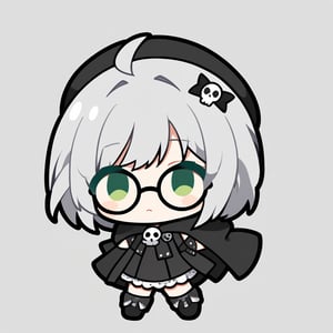 1girl, (gray hair), green eyes, short hair, (Bob Hair), ahoge, black round frame glasses, black star hairpin, (Wearing a skull mask:1.2), hooded cloak, Hood Down, dress, Short skirt, boots, ((hood down)), standing, solo, (chibi, head only), (Focus on face), simple white background,