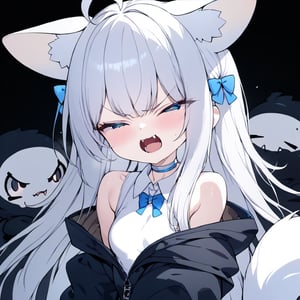 {{{masterpiece}}}, {{{best quality}}}, {{ultra-detailed}}, {beautiful detailed eyes},1girl, ((white hair)), very long hair, blue eyes, (straight hair), (bangs), animal ears, (stoat ears:1.2), Choker, ahoge, fangs, (big stoat Tail:1.2), 
(White sleeveless collared dress, blue chest bow), (black hooded oversized jacket:1.2), (Off the shoulders), Soot hair, twin drills hair, Soot eyes, closed eyes, angry, upper body, Soot suit,chibi emote style,chibi,emote