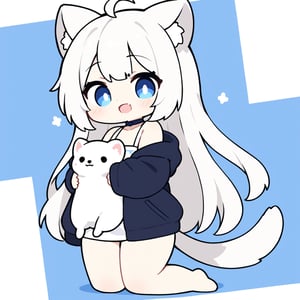 chibi, masterpiece, made by a master, 4k, perfect anatomy, perfect details, best quality, high quality, lots of detail.
(solo),1girl, ((white hair)), very long hair, blue eyes, (straight hair), (bangs), animal ears, (stoat ears:1.2), Choker, ahoge, fang, (big stoat Tail:1.2), (White sleeveless two piece dress, blue chest bow), (black hooded jacket:1.2), (Off the shoulders), (hugging a bunny doll:1.2), single, looking at viewer, (full body) ,Emote Chibi. cute comic,simple background, flat color, Cute girl,Chibi Style,chibi emote style,cute,anime