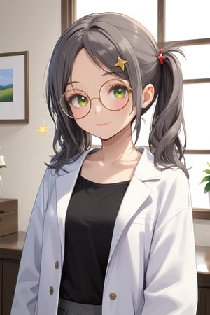 1girl, (gray hair), green eyes, long hair, ( pigtails:1.2), (black round frame glasses:1.2), (black star hairpin), (casual wear), collarbone, (Knight Coat), cotton pants, (happy), (in room), indoor, (eyes highlight), standing, ((upper body)), very beautiful girl, Sleepy eyes, closed mouth, :), himecut hairstyle,, masterpiece quality, stunning image, masterpiece, 8K, stunning image, light particles, attractive image, reflections, Dutch Angle Shot,Beautiful eyes,