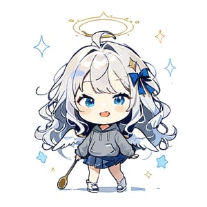  chibi, masterpiece, best quality, solo, 1girl, angel, (white hair), long curly hair, (two side up),blue eyes, (two blue ribbons on her hair), ((Double golden halo on her head)), choker, ((angel wings)), ahoge, full body, cute smile, best smile, open mouth, Wearing grey Hooded T-shirt, long sleeves, pleated skirt, (holding a maga huge spoon), ,masterpiece,simple background, ,more detail XL