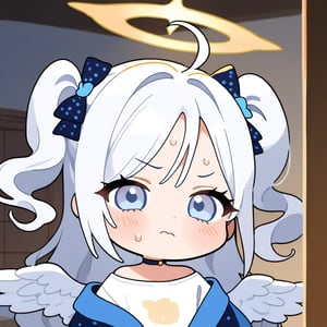 1girl, angel, white hair, long curly hair, (two side up), blue eyes, two blue bows on head, (Double golden halo on her head), choker, angel wings on back, ahoge, (T-shirt), (hanten jacket), cotton pants, Off-shoulder, (happy), (in Japanese room), (eyes highlight), standing, ((upper body)), very beautiful girl, eyes wide open, closed mouth, sweat, slightly angry, himecut hairstyle, solo, (chibi), (Focus on face),((Chibi character))