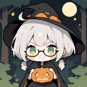 1girl, solo, (gray hair), green eyes, ahoge, (low-pigtail hairs:1.2), (black round frame glasses:1.2), (Witch hat), (Witch cloak), Witch dress, (cute pose), cobweb, (skull), pumpkin lantern, moon, blush, (In the forest at night), (eyes highlight), standing, ((upper body)), very beautiful girl, crazy smiling, slightly angry, himecut hairstyle, solo, (chibi), (Focus on face), chibi style