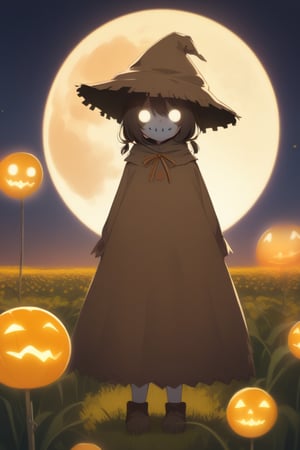 A cute girl dressed as a scarecrow was in the farmland at night, surrounded by a strange atmosphere that made her feel scared, cute, (scarecrow costume), Huge Moon, glowing moon, Japanese anime style