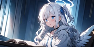 shiny, vibrant colors, female, masterpiece, sharp focus, best quality, depth of field, cinematic lighting, ((solo, one girl)), (illustration, 8k CG, extremely detailed), masterpiece, ultra-detailed,
1girl, angel, white hair, long curly hair, two side up,blue eyes, two blue ribbons on her hair, (Double golden halo on her head), choker, (angel wings), Wearing grey Hooded T-shirt, sitting, reading, open book on desk, in a heaven room, the cutest room, light blue theme, look in the camera, open mouth, shiny background,Flat vector art,Visual Anime