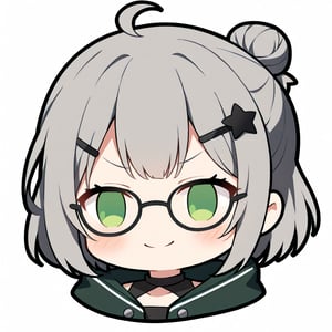 1girl, (gray hair), green eyes, short hair, ahoge, (black round frame glasses:1.2), (black star hairpin), dark green hooded cloak, Hood Down, dress, Short skirt, boots, ((Half Bun:1.2)), solo, (chibi, head only), blush,mouth open, (close-up portrait), (smug face), Upper Body, simple white background,