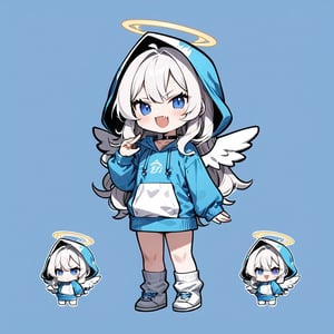 (chibi:1.3), masterpiece, made by a master, 4k, perfect anatomy, perfect details, best quality, high quality, lots of detail.
(solo),1girl, ((angel)), ((white hair)), (long hair:1.3), (two side up), blue eyes,  (curly hair:1.2), (wavy hair), (hair curls), (bangs), (two side up), two ((blue)) hair ties on head, (Double golden halo on her head), choker, ((angel wings)), ahoge, fang, (Blue long sleeve hooded top), ((hood up)), ((put on hood)), Blue pants, white socks, single, slightly angry, (evil smile), (one hand raised), (full body) ,Emote Chibi. cute comic,simple background, flat color, Cute girl,dal,Chibi Style,lineart,