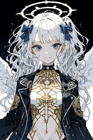 digital painting,1girl, angel, white hair, long curly hair, (two side up), blue eyes, two blue bows on head, (Double golden halo on her head), choker, angel wings on back, ahoge,cyberpunk, mechanical girl, cyborg, cable, exposed wires,
masterpiece, best quality, aethetic, closed mouth, jacket, simple background, smile, solo,aesthetic