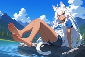 Masterpiece, Top Quality, High Definition, Artistic Composition,1girl, stoat girl, solo,  ((white hair)), very long hair, blue eyes, (straight hair), (bangs), animal ears, (stoat ears:1.2),
 Choker, ahoge, yaeba, (big white stoat Tail:1.2), (blue X hairpin), smiling, soles of feet, t-shirt, jean shorts, sitting on stone, mountains, river, blue sky, from below,  tanned, blue sky, bold composition