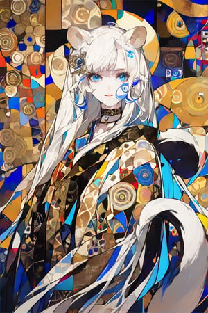 A beautiful girl, 1girl, stoat girl, solo,  ((white hair)), very long hair, blue eyes, (straight hair), (bangs), animal ears, (stoat ears:1.2),
 Choker, ahoge, yaeba, (big white stoat Tail:1.2), (blue X hairpin), dynamic character, detailed exquisite face, bold high quality, high contrast, patchwork, vibrant colors, looking at viewer, intricate gold patterns, swirling motifs, (Gustav Klimt and Mucha and Caravaggio style artwork),art_booster, 