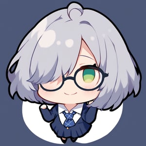 1girl, (gray hair), green eyes, ahoge, short hair, (striking bob cut and intense, hair covering one eye:1.2), (black round frame glasses:1.2), (school uniform), tight clothes, white shirt, blue tie, Blue plaid pleated skirt, Dark blue blazer, boots, half-closed eyes, blush, (paw pose), (simple school background), (eyes highlight), standing, ((upper body)), very beautiful girl, smiling, happy, himecut hairstyle, solo, (chibi), (Focus on face), 