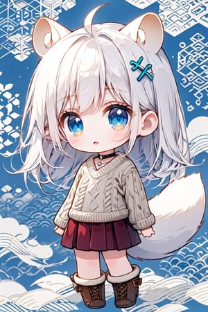 Simple background, Japanese pattern background, ((A chibi girl)), 1girl, stoat girl, solo,  ((white hair)), very long hair, blue eyes, (straight hair), (bangs), animal ears, (stoat ears:1.2),
 Choker, ahoge, yaeba, (big white stoat Tail:1.2), (blue X hairpin), in a wool sweater and corduroy skirt, leather boots, warming herself against a chilly breeze in Autumn