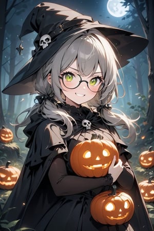 1girl, solo, (gray hair), green eyes, ahoge, (low-pigtail hairs:1.2), (black round frame glasses:1.2), (Witch hat), (Witch cloak), Witch dress, (cute pose), cobweb, (skull), pumpkin lantern, moon, blush, (In the forest at night), (eyes highlight), standing, ((upper body)), very beautiful girl, crazy smiling, slightly angry, himecut hairstyle, masterpiece quality, stunning image, masterpiece, 8K, stunning image, light particles, attractive image, reflections,  \medium\,Beautiful eyes,