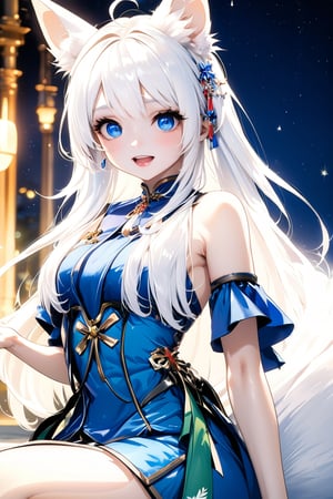 1girl, stoat girl, solo,  ((white hair)), very long hair, blue eyes, (straight hair), (bangs), animal ears, (stoat ears:1.2),
 Choker, ahoge, fangs, (big stoat Tail:1.2), (blue X hairpin), (blue chest bow), cute outfit, portrait, anime style, night light, charming, nature,Anime Style.