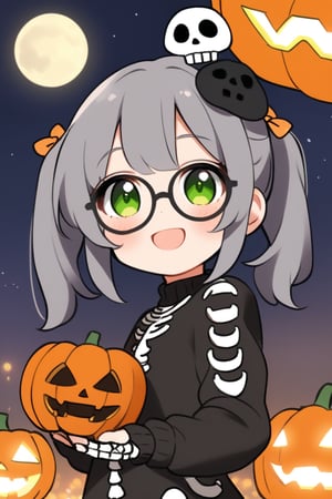 A cute girl ,(gray hair), green eyes, short hair, (cute pigtails:1.2), (black round frame glasses:1.2), wearing a skull mask on her head, (skeleton suit:1.3), celebrating Halloween on the street at night, pumpkin lantern, cute face, smiling, moon, anime style