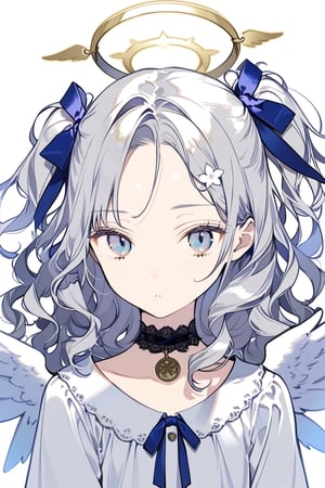 masterpiece, best quality, aesthetic,1girl, angel, white hair, long curly hair, two side up,blue eyes, two blue ribbons on her hair, (Double golden halo on her head), choker, angel wings,samurai,sakura