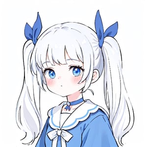 (masterpiece, top quality, best quality, official art, beautiful and aesthetic:1.2),(8k, best quality, masterpiece:1.2), 1girl, angel, white hair, long curly hair, two side up, Bangs, blue eyes, two blue ribbons on her hair, (Double golden halo on her head), choker, angel wings, blue choker, dress, masterpiece, best quality, aesthetic, realistic, ,game icon institute,line anime