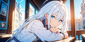 vibrant colors, female, masterpiece, sharp focus, best quality, depth of field, cinematic lighting, ((solo, one woman )), (illustration, 8k CG, extremely detailed), masterpiece, ultra-detailed,
1angel, (white hair), long curly hair, blue eyes, (two blue ribbons on her hair), (Double golden halo on her head), angel wings, White shirt, black jacket, cute outfit, Sitting in a street cafe, best smile, cute face, perfect light,1girl white hair blue eyes x hair ornament,masterpiece