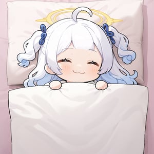 (chibi:1.3), masterpiece, made by a master, 4k, perfect anatomy, perfect details, best quality, high quality, lots of detail.
(solo),1girl, ((angel)), ((white hair)), (long hair:1.3), (two side up), blue eyes,  (curly hair:1.2), (wavy hair), (hair curls), (bangs), (two side up), two ((blue)) hair ties on head, ((Double golden halo on her head)), choker, ((angel wings)), ahoge, (white long sleeve hooded top), Black long pants, white socks, single, happy, smile, :3, thumbs up, shared speech bubble, spoken heart, futon, pillow, closed eyes, bed, sleeping, lying, under covers, blanket,, (full body) ,Emote Chibi. cute comic, (sakura background), flat color, Cute girl,dal,Chibi Style,lineart,