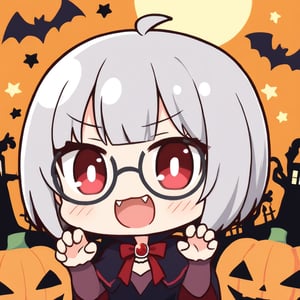 1girl, (gray hair), red eyes, ahoge, (striking bob cut and intense), (black round frame glasses:1.2), (vampire style dress), (Vampire Fangs) , (claw pose), bats, cobweb, pumpkin lantern, moon, blush, (simple halloween background), (eyes highlight), standing, ((upper body)), very beautiful girl, smiling, open_mouth, himecut hairstyle, solo, (chibi), (Focus on face), 