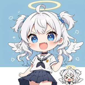 chibi, sd, masterpiece, made by a master, 4k, perfect anatomy, perfect details, best quality, high quality, lots of detail.
(solo),1girl, ((angel)), ((white hair)), long curly hair, (two side up), blue eyes,  (curly hair:1.2), (wavy hair), (hair curls), (bangs), (two side up), two ((blue)) hair ties on head, (Double golden halo on her head), choker, ((angel wings)), ahoge, school uniform,white shirt, black tie, Black pleated skirt, punching, single, open mouth, looking at viewer, smiling,((>_<)), fang, happy, slightly angry, chibi, Emote Chibi. simple background, Line,cute comic,simple background, flat color,chibi,Cute girl,dal,Emote Chibi,chibi style,Chibi Style,lineart,Comic Book-Style 2d,2d,