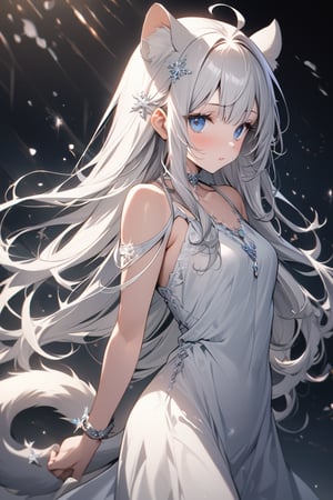 1girl, stoat girl, solo,  ((white hair)), very long hair, blue eyes, (straight hair), (bangs), animal ears, (stoat ears:1.2),
 Choker, ahoge, yaeba, (big white stoat Tail:1.2), (blue X hairpin), solo, ((standing: 2.5)), long hair, looking at viewer, blush, bangs, hair ornament, himecut, parted lips, blurry, lips, ((white dress: 2)), eyelashes, portrait, light particles, ((masterpiece: 2)), excellent quality, light particles, snowflakes, ((stunning_image: 1.5)), ((snowflakes in air: 1)), medium long shot.