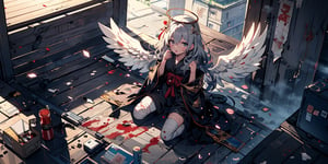 full body,Blood Mist, background_Urban rooftop,1girl, angel, with sliver long curly hair, blue eyes, two blue ribbons on her hair, (Double golden halo on her head), angel wings, despair,blood sakura,((masterpiece)), (((best quality))), ((ultra-detailed)), ((illustration)), ((disheveled hair)),Blood Cherry Blossom,torn clothes,tearing with eyes open,solo,Blood Rain,bandages,Gunpowder smoke,beautiful deatailed shadow, Splashing blood,dust,tyndall effect,portrait,