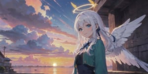  (Best Picture Quality, High Quality, Best Picture Score: 1.3), , Perfect Beauty Score: 1.5, long hair, 1 angel girl, (solo), ((white hair)), (long curly hair), blue eyes, ((two blue ribbons on her hair)), (Double golden halo on her head), (angel wings), (cute outfit), cute smile, background is the setting sun and the sky dyed red by the setting sun, beautiful, cute, masterpiece, best quality,pastelbg