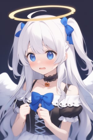  1girl, angel, white hair, long curly hair, (two side up), blue eyes, two blue bows on head, (Double golden halo on her head), choker, (angel wings on back), ahoge, , solo, blush, open mouth, lolita_fashion, middle chest, tiny body, (halloween costumes), upper body, sweat, embarrassed,