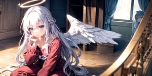  (Best Picture Quality, High Quality, Best Picture Score: 1.3), , Perfect Beauty Score: 1.5, long hair, 1 angel girl, (solo), ((white hair)), (long curly hair), blue eyes, ((two blue ribbons on her hair)), (Double golden halo on her head), (angel wings), (cute outfit), Wearing a T-shirt and pajamas trousers, sitting on the floor of the room, sad expression, beautiful, cute, masterpiece, best quality,