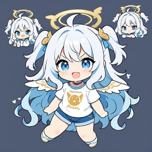 chibi, sd, masterpiece, made by a master, 4k, perfect anatomy, perfect details, best quality, high quality, lots of detail.
1girl, ((angel)), (white hair), long curly hair, (two side up), blue eyes,  (curly hair:1.2), (wavy hair), (hair curls), (bangs), (two side up), two ((blue)) hair ties on head, (Double golden halo on her head), choker, ((angel wings)), ahoge,white t-shirt, Short pants, single, looking at viewer, smiling, fang, happy, slightly angry, chibi, Emote Chibi. simple background, Line,cute comic,simple background, flat color,chibi,Cute girl,dal,Emote Chibi,chibi style,Chibi Style,lineart,